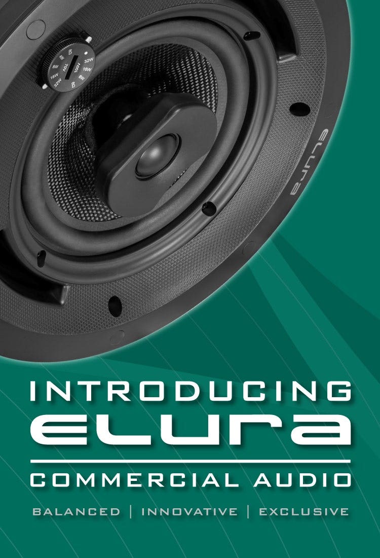 Banner introducing Elura Green Label Commercial Series Speakers and Amplifiers